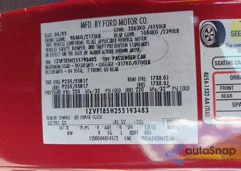 2005 Ford Mustang Gt из США, поврежденный, VIN 1ZVFT85H255193483